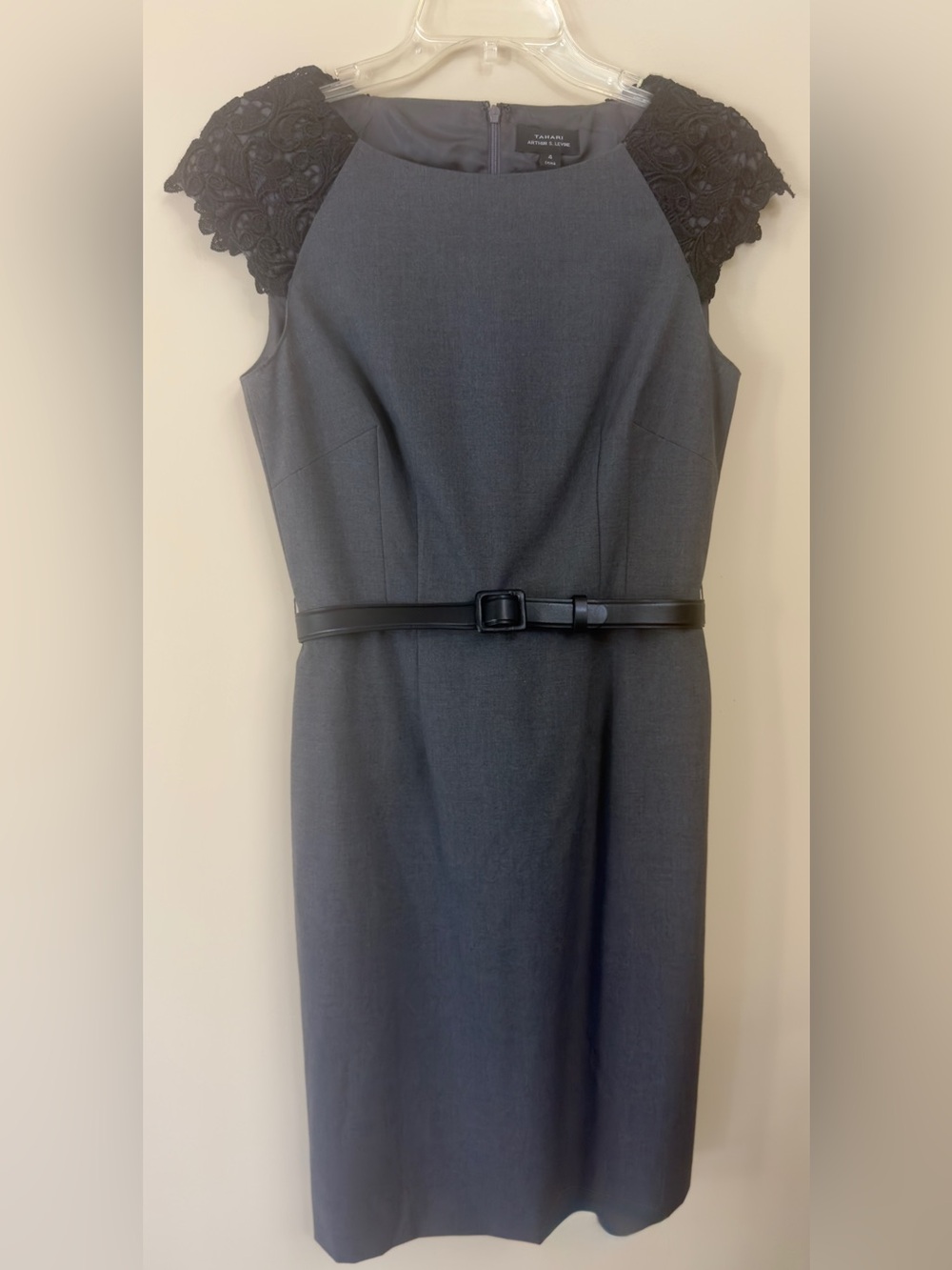 Tahari ASL Gray Sheath Dress with Black Lace Cap Sleeves - Size 4